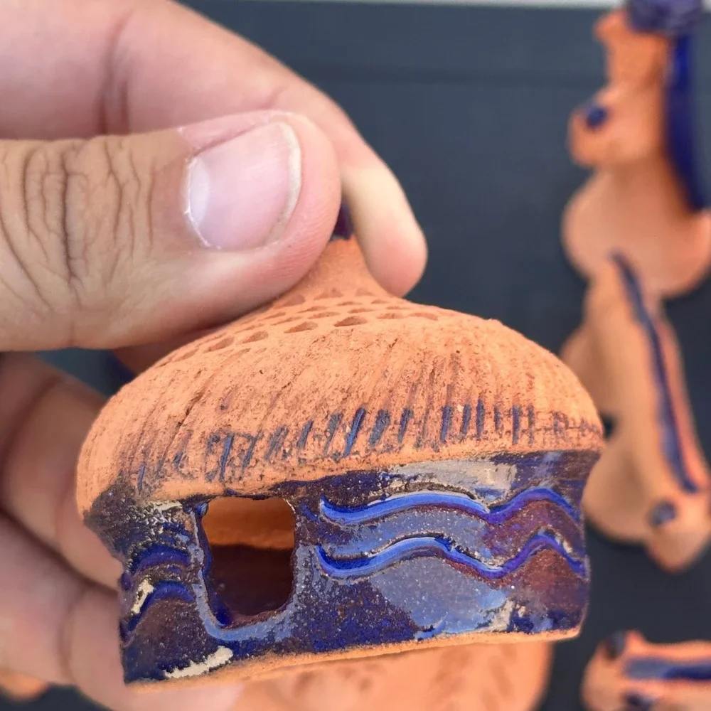 Blue Glaze Terrracota Mexican Nativity Set Folk Art Hand Painted Pottery 11 Pcs